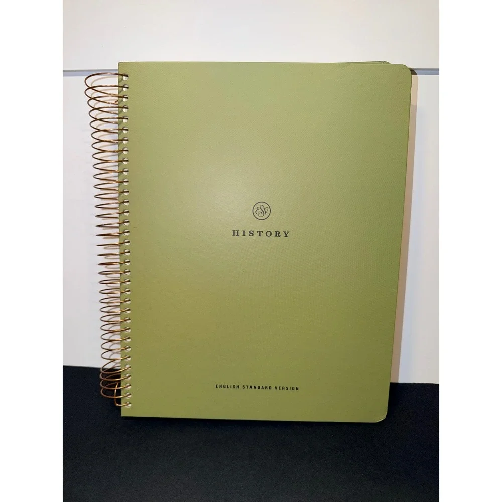 Crossway ESV Spiral-Bound Journaling Bible History Green Copper Wire-O Flat Lay